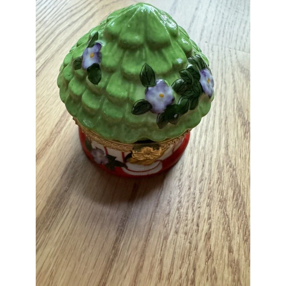 Ceramic Porcelain Trinket Box Flower Yellow Bird‎ Cage Round Dome Lidded Jewelry
